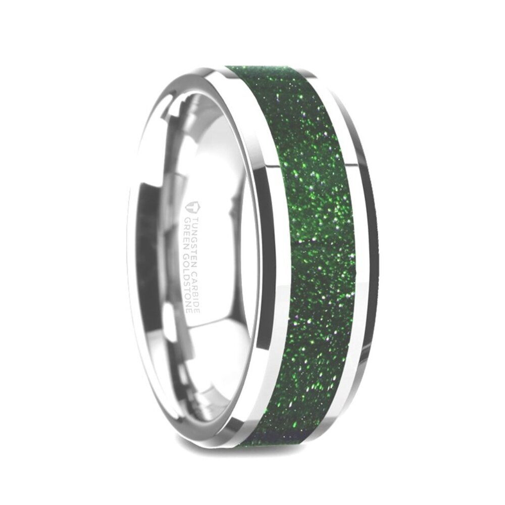 Polished Finish Beveled Edges Tungsten Band with Green Goldstone Inlay 8mm Sz 9